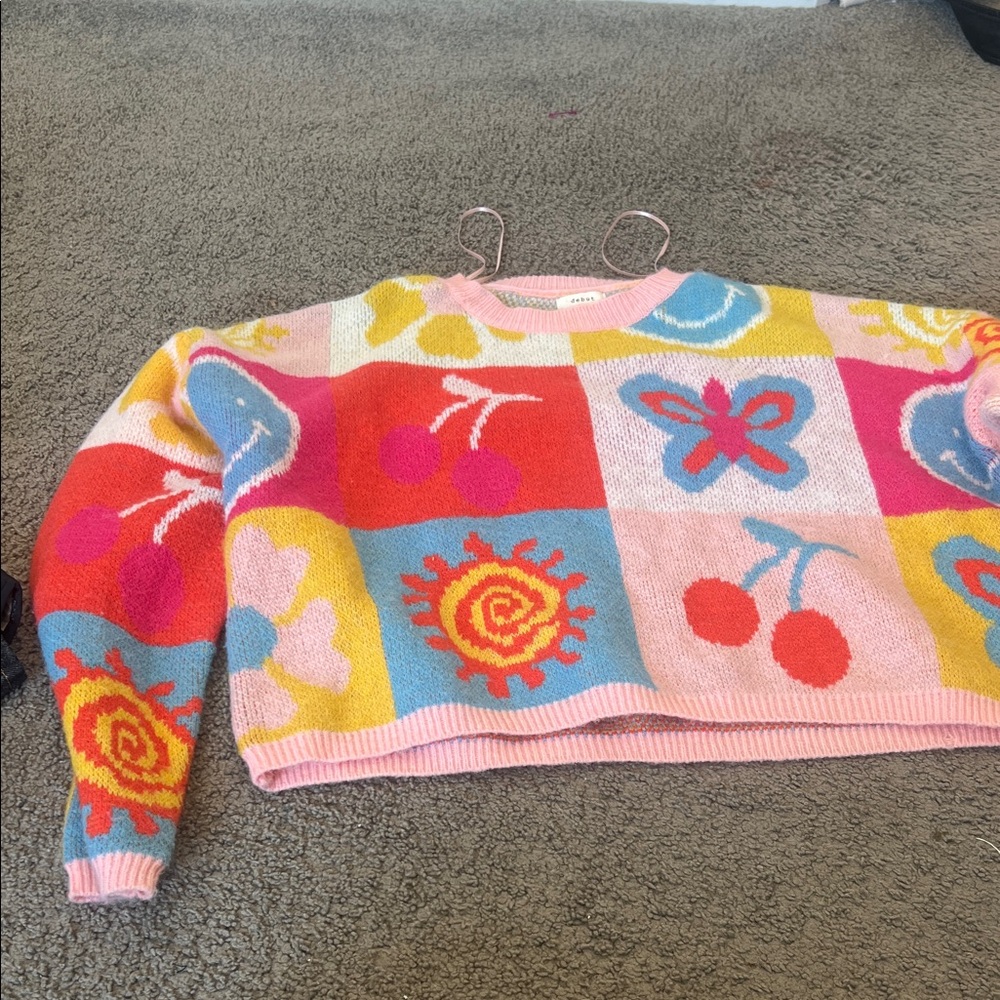 debut Pink Multi Colorblock Graphic Cropped Sweater